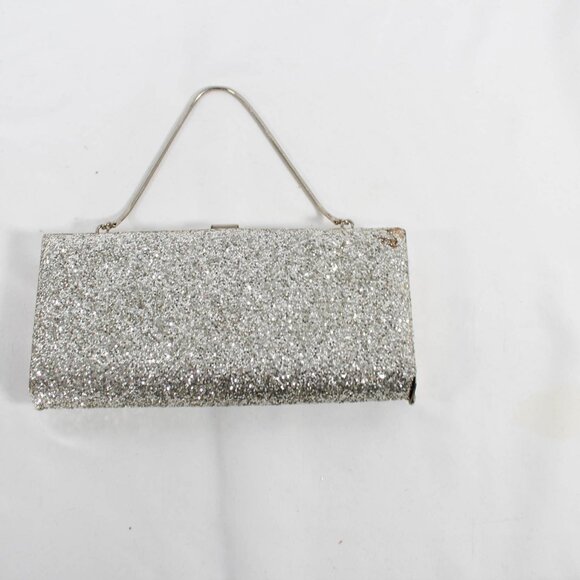 Vintage Late 90s/2000s Silver Glitter Sparkle Clutch Hard Shell Handbag - Picture 3 of 9